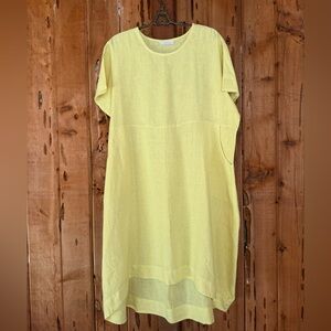 Bryn Walker 100% Linen light yellow Marina Hi-low dress lagenlook pockets large